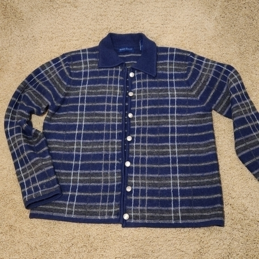 Karen Scott 99% Wool Medium Cardigan Gray‎ Silver Blue Stripes Collared Sweater